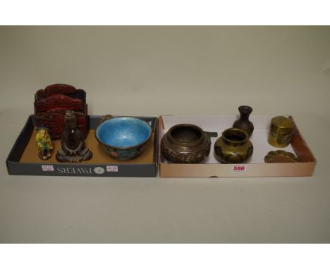 A mixed group of Chinese items, to include:&nbsp;three rock crystal figures, largest 11.5cm high; enamel; bronze; cinnabar; e