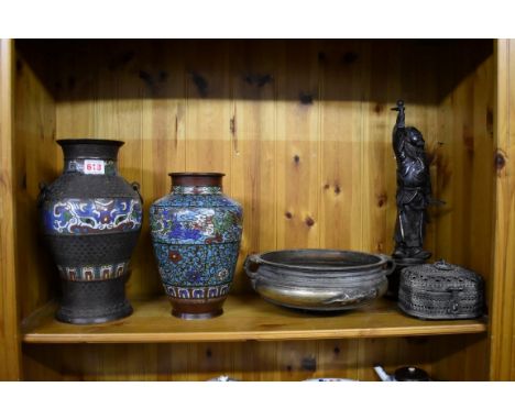 A mixed group of Oriental metalware, to include: two cloisonne enamel vases, largest 29.5cm; a twin handled censer, 27.5cm wi