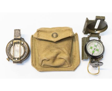 WWII era Mark III British Marching Compass by TG Co Ltd London, dated 1943, contained with a 1942 wedding pouch (paint loss a