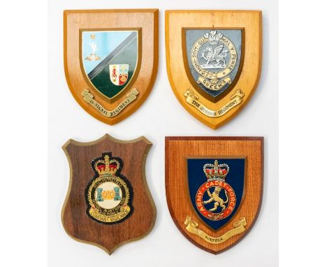 Four Regimental wooden crest plaques including The Queens Regiment, 16 Signal Regiment, Norfolk Army Cadet Force, The Royal A