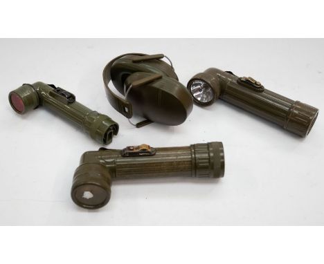 Two 20th Century US TL-122-D flash lights, plus ATL-132 flashlight and a British Army issued pair of Racal ear defenders Serv