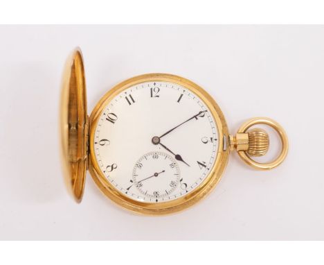 An 18ct gold hunter pocket watch, white enamel dial with Arabic numerals, subsidiary at 6, side wind, case approx 47mm, case 