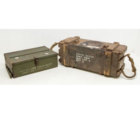 A wooden ammunition crate, marked 120mm 5 x 500 shot proof RLB Lot 2, extensive service wear to exterior, 53 x 23 x 22cms app