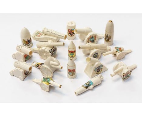 A collection of WWI artillery interest crested china pieces, to include: 11 field guns, such as howitzers and trench mortars 