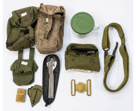 A selection of various military surplus and military style items including two webbing pouches, one named and the other with 