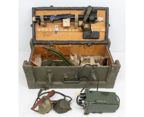 A cased British Army metal detector, housed in wooden transit case marked SI FD SQN ITP, the device is marked Mine Detector 4