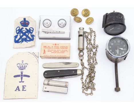A selection of military interest and other miscellaneous items.To include: 2 Royal Navy patches, 4 Kings Crown gilt brass Roy