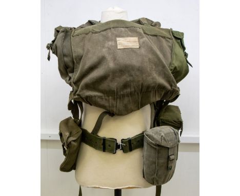 A British Army green canvas tactical fighting order rig, circa 1980/90's, consisting of belt with various pouches, water bott