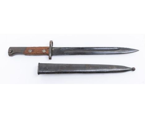 Yugoslavian M1924/30 Bayonet, blued steel blade, cross guard, pommel and scabbard, with wooden slab grips secured by two rive