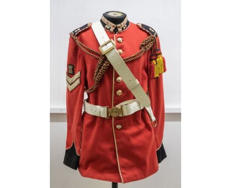 Vintage British Army scarlet wool  drummers tunic complete with gilt metal Royal Welsh Fusiliers collar badges, shoulder titl