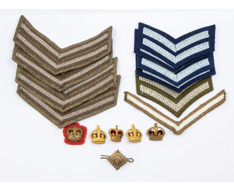 A collection of Rank Insignia, including a WWI Lance Corporal Chevron, five later Army Corporal Chevrons, four RAF Corporal C