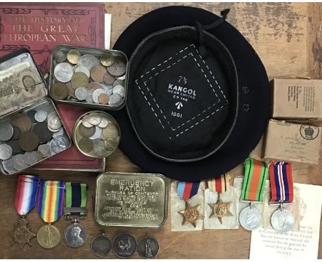 Collection of WW2 medals and items with coins, Emergency Rations etc. WW2 Medals of 1939-45 star, Africa star Defence Medal a