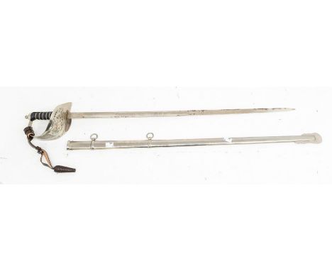 British Army 1897 pattern Infantry Officers sword, nickel plated basket hilt with EIIR Cypner, nickle plated scabbard and bla