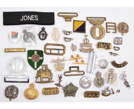 An assortment of British cap badges, buckles, shoulder titles and cloth badges, including a Royal Welch Fusiliers chromed two