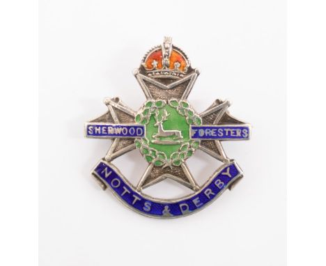 A Sherwood Foresters silver and enamel Kings Crown sweetheart brooch, by H Philips of Aldershot, likely Inter War/WW2 era.Wit