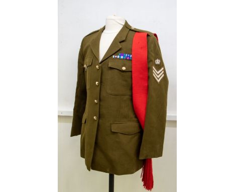 British number 2 dress uniform tunic and trousers, warrant officer insignia to both sleeves, plus red sash, cloth Parachute R