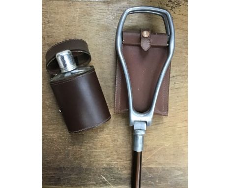 Folding shooting stick by Gamebird with A&nbsp;Glass drinking flask with metal cap and leather case