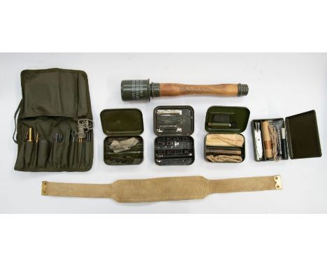 A selection of military surplus and sundry military related items to include; a cased Lee Enfield cleaning kit by Gabriel of 