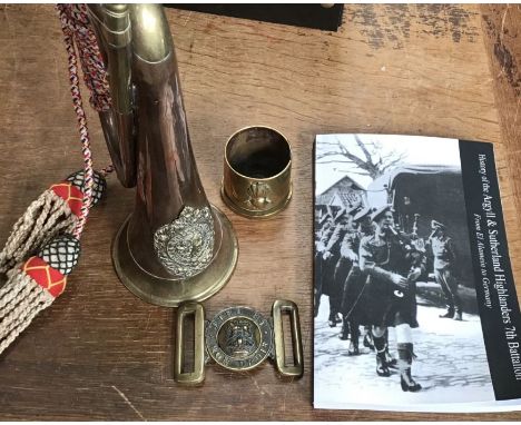 WW1 period Military bugle for the Argyll &amp; Sutherland Highlanders with a 1943 shell base with Royal Engineers bomb badge,