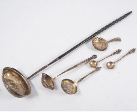 Georg Jensen silver ladle, Acorn design, import mark dated 1935, 15cm; Hukin & Heath silver sifter spoon, pair of salt spoons