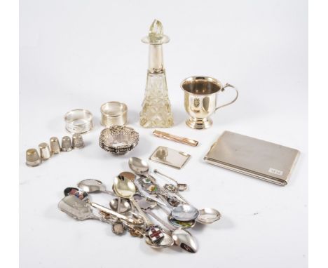 Box of silver and silverplated wares, including silver stamp case, set of four silver salts, engine turned cigarette case, mi