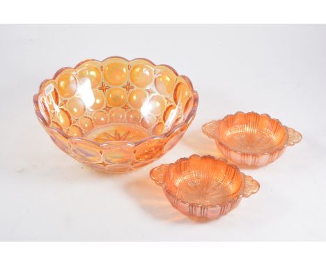 A collection of crystal glasses, decanter, marigold carnival glass, (3 boxes)