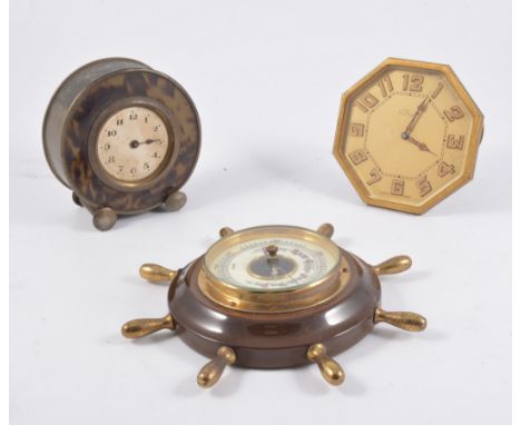 Table gong and tray of items, including pair of spelter figures of Psyche and Pandora, easel desk top clocks, barometers, ebo