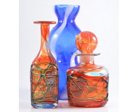 Murano style double gourd-shaped blue and white candy striped vase, a flame coloured Mdina decanter and Mdina bottle vase. (3