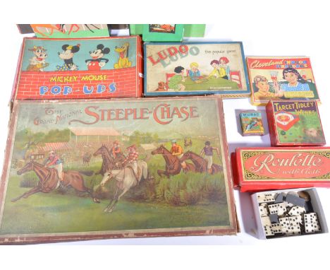Selection of early 1930s board games and toys, including Steeple Chase by Spears, Mickey Mouse Pop-Ups by Chad Valley, Motor-