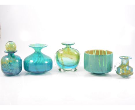 Five items of Mdina art glass, including two vases, deep sided bowl, bottle and stopper, small jug, (5)