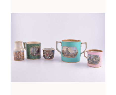 A Prattware Loving Cup, green ground, village scene and windmill (398 & 399), a mug Passing the Pipe (90), a small mug Cavali