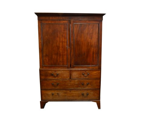 Georgian mahogany press cupboard, moulded cornice, substantial damage to the doors, two short and two long drawers under, bra