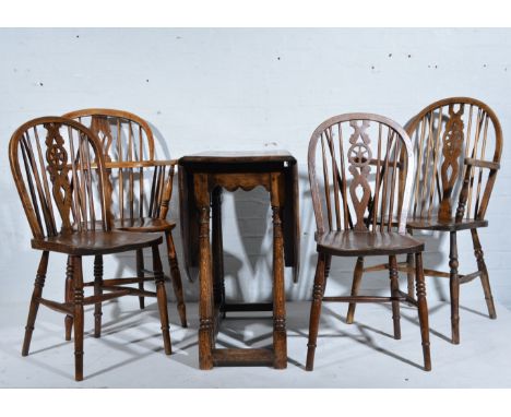 Victorian elm and ash Windsor chair, pierced vase splats, solid seat, narrow arms; a set of five elm and ash wheel-back Winds