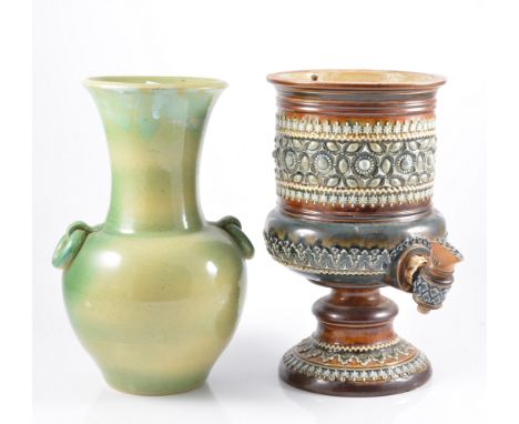 Doulton stoneware urn shaped flagon with tap - lacking cover, Isle of Wight art glass vase etc, (2 boxes)