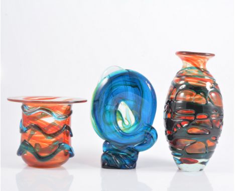 Three pieces of Mdina art glass, two vases internally coloured red glass with turquoise trailing, together with an aqua blue 