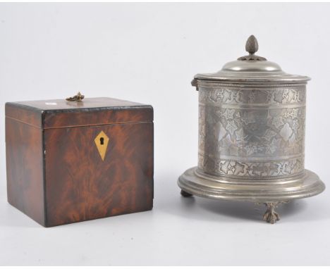 Wooden stationery rack; tooled leather stationery box, Georgian walnut tea caddy, set of postal scales, bookends etc. 