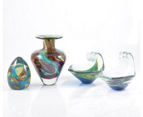 Four items of Mdina glass, including a vase with flared rim 15cm,coiled dishes and a paperweight, (4)