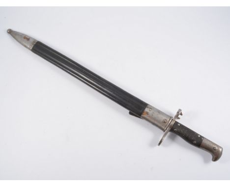 19th Century Long sawblade bayonet by Neuhausen, blade 48cm, steel mounted leather scabbard.