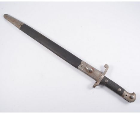 19th Century, British sword bayonet, straight blade 46cm, steel mounted leather scabbard.