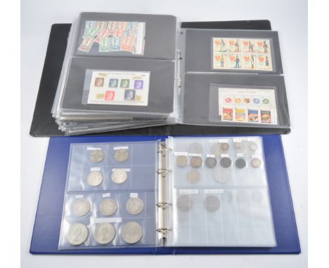 First day covers, presentation packs, assorted coins, three albums.