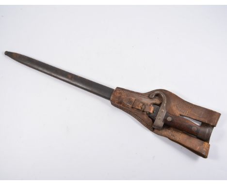 19th Century, French steel mounted bayonet, blade 40cm, steel scabbard, leather frog.