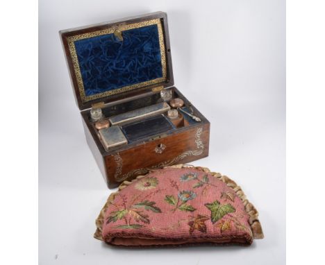 Early Victorian rosewood and mother of pearl travelling box, part fitted interior, single drawer under, width 31cm, together 