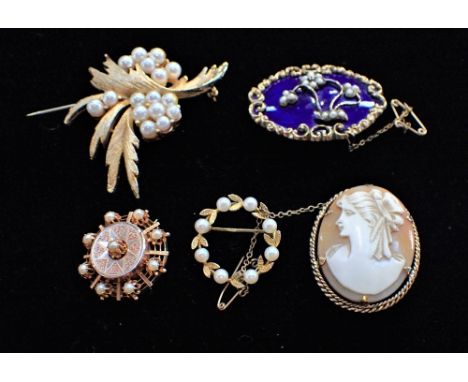 A VICTORIAN BLUE ENAMEL AND SEED PEARL BROOCH, on a yellow metal backing inscribed 'july 27th 1852 and other similar brooches