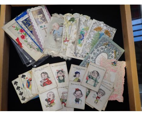 A COLLECTION OF VICTORIAN VALENTINES AND OTHER CARDS, PLAYING CARDS, and tickets for the Cockermouth, Keswick and Penrith Rai
