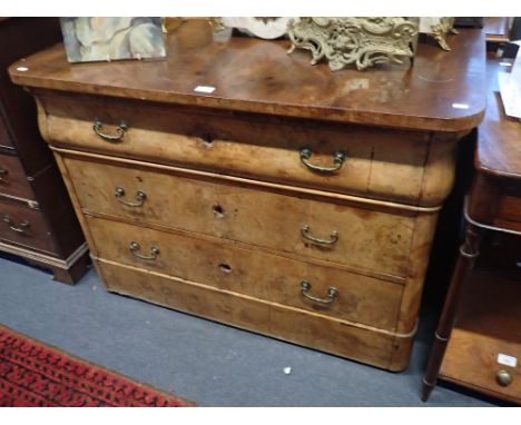 A EUROPEAN WALNUT FOUR DRAWER COMMODE, with ogee profile frieze drawer (lacking original marble top), 109 cm wide