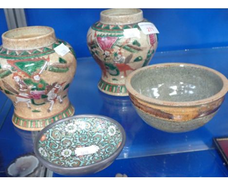 A PAIR OF JAPANESE CRACKLE GLAZED WARRIOR VASES, 13cm high, a small Japanese ceramic and pewter based dish and a japanese gre