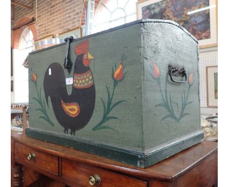 A CONTINENTAL PAINTED PINE TRUNK, naively painted with a cockerel, 61cm wide 