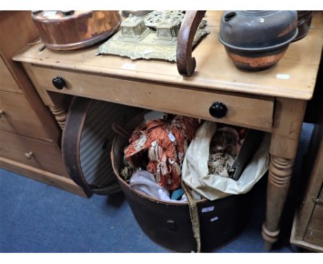 A VICTORIAN STRIPPED PINE SIDE TABLE, fitted a drawer with black ceramic knobs, 86cm wide, and a Victorian oak tripod table