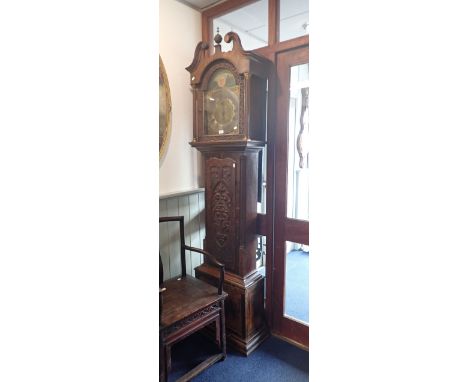 A GEORGE III OAK CASED 30 HOUR LONGCASE CLOCK, THE BRASS AND SILVERED DIAL SIGNED 'WILLm WESTMORELAND, LEEDS' the case with l