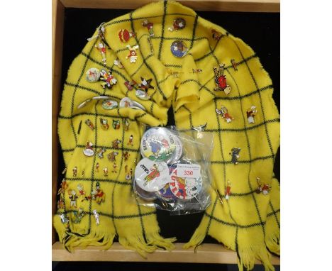 A COLLECTION OF RUPERT THE BEAR BADGES, some enamelled, including an older 'Daily Express Rupert League' badge, pinned to a R